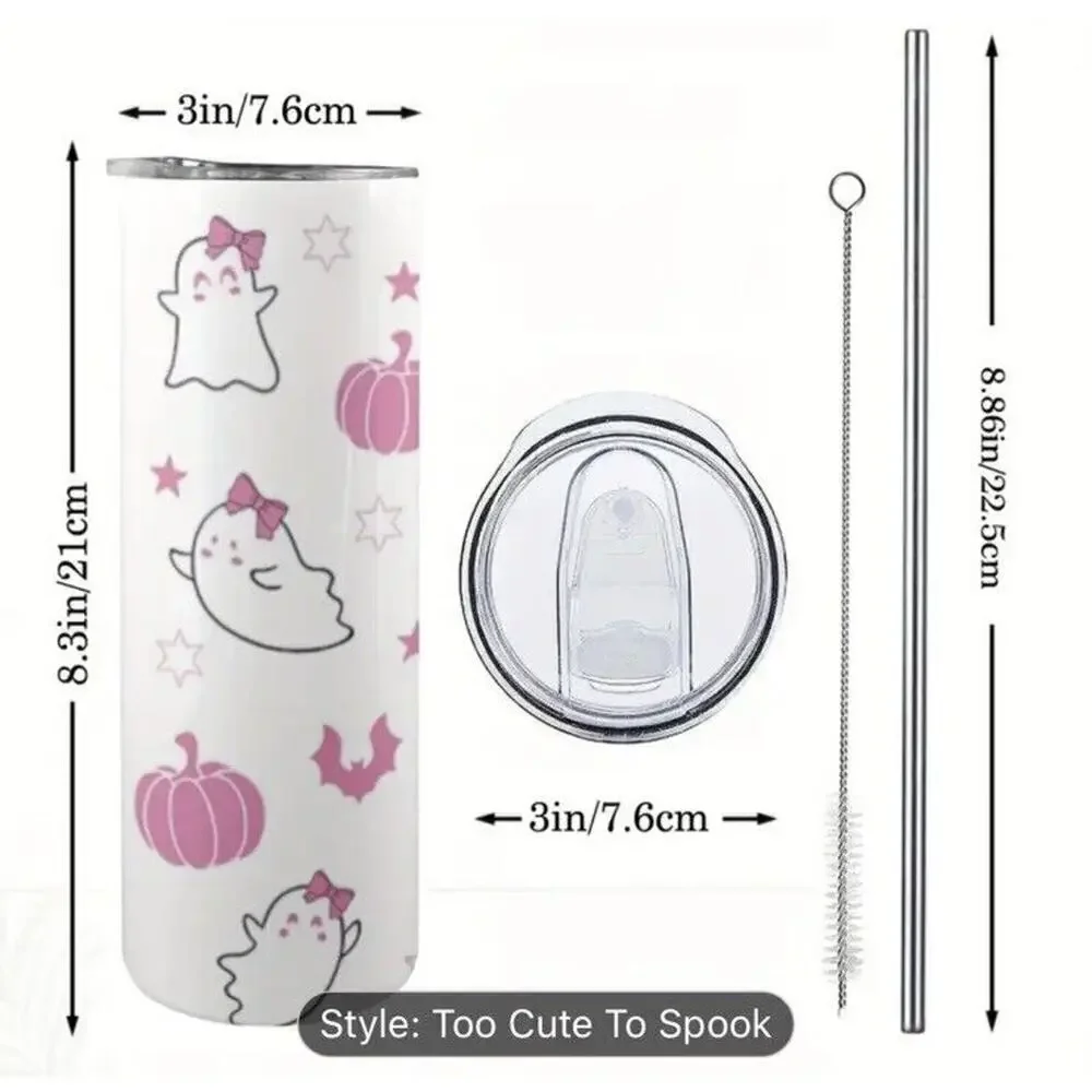 Too‎ Cute To Spook 20oz Spooky Pink Ghosts Pumpkins BatsTumbler Lid StrawCleaner